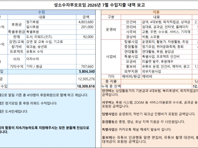 2026년 7월 수입지출내역 보고